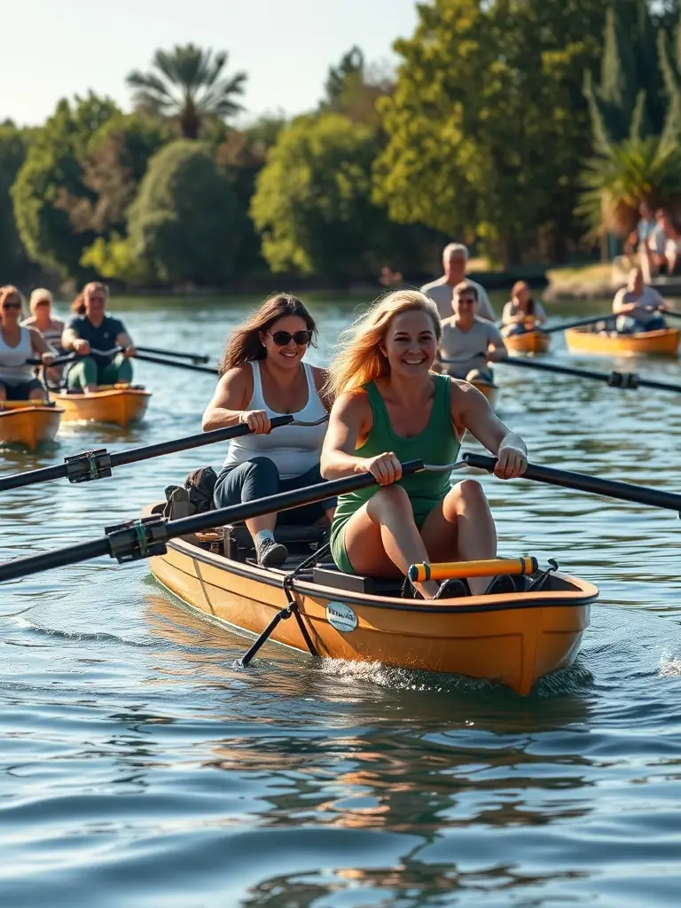 A lively photo of a community open day at the club, with families, people with disabilities, and volunteers enjoying adaptive rowing equipment.