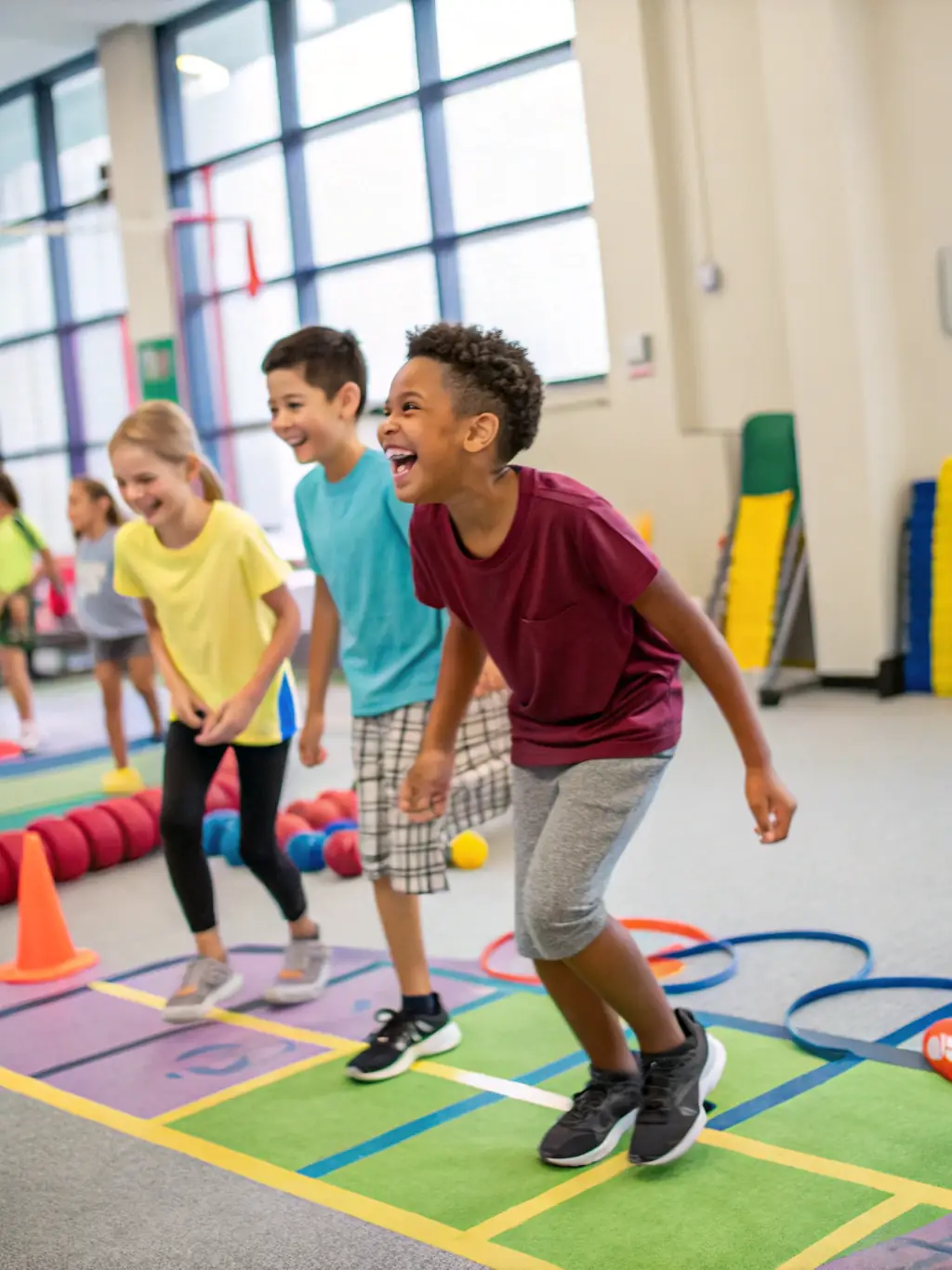A dynamic image of children and teenagers participating in a fun indoor rowing relay, with supportive instructors and colorful equipment.