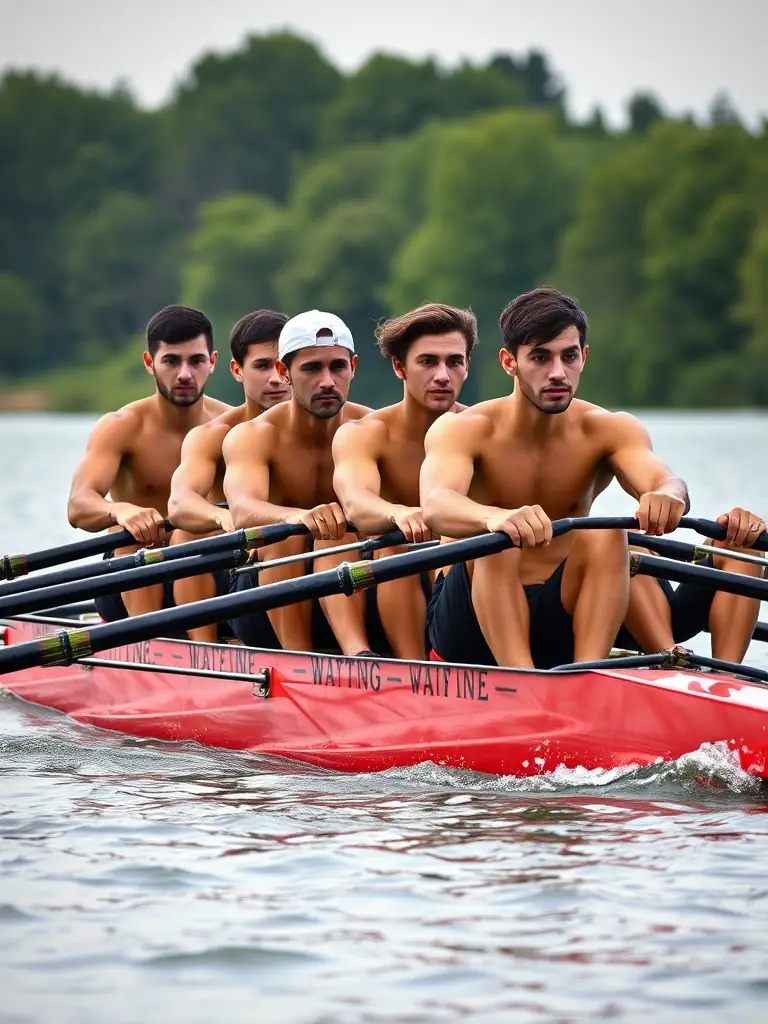 A vibrant photo of a mixed-age group rowing together on the Val d’Auron lake, with a coach guiding from a boat, under a clear sky.